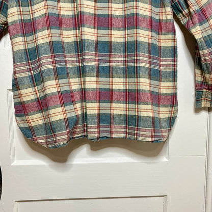 CHAPS Linen Cotton Plaid Mandarin Collar Shirt L Gingham Grandad Prairie Rural