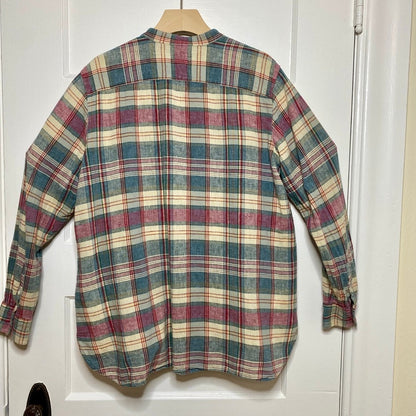 CHAPS Linen Cotton Plaid Mandarin Collar Shirt L Gingham Grandad Prairie Rural