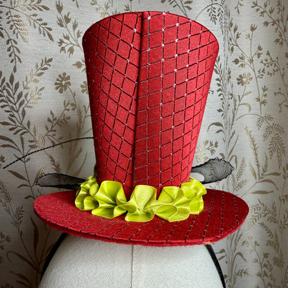 Day of the Dead Red Top Hat Headband Skull Feathers Ruffles Halloween Masquerade