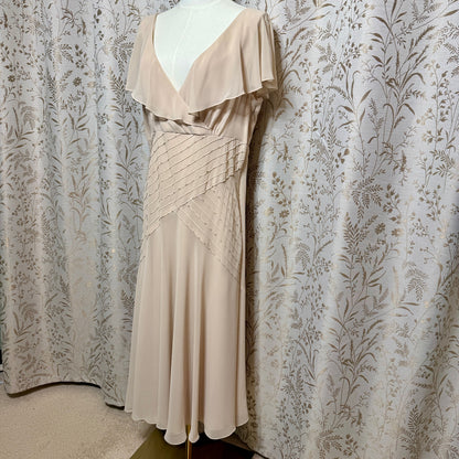 Liz Claiborne Beige Ruffle V-Neck Midi Dress Womens 16 Beaded Wedding Romantic