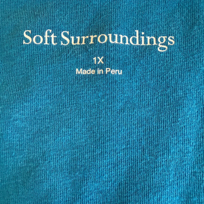 Soft Surroundings Wrap Drape Top Women 1X Teal Blue Faux Surplice Stretch Travel