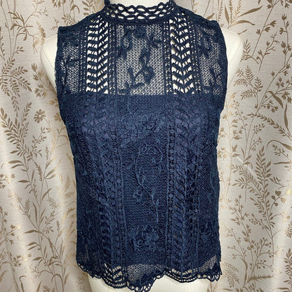 BB Dakota Crochet Lace Mock Neck Blouse XS Navy Blue Dark Romantic Whimsigoth