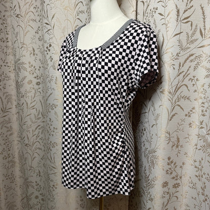 New York & Company Checkered Scoop Neck Pleated Top Women L Stretch Thrashed