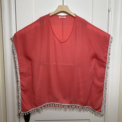 Adreamly Sheer Coral Pink Pom Pom Kaftan Poncho O/S Beach Cover Up Resortwear