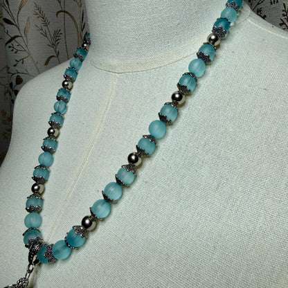 Vintage Frosted Blue Glass Orb Pendant Necklace 1990s Whimsigoth Boho Victorian