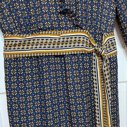 Max Studio Printed Tie Waist Wrap Dress Womens Small Retro Dark Academia 80s