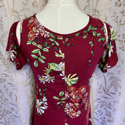 Boho Floral Burgundy Cold Shoulder Dress Small Romantic Fairycore Whimsigoth