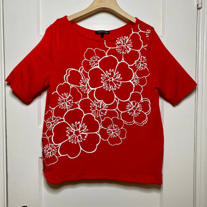 Always Indigo Red Floral Graphic Knit Top Large Snap Hem Comfy Dopamine Pop Art