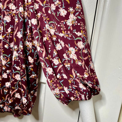 LC Lauren Conrad Floral Balloon Sleeve Blouse Womens L Boho Peasant Top Maroon