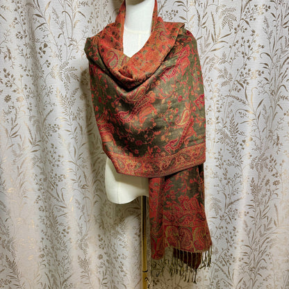 Paisley Pashmina Scarf Shawl Women OS Fringe Rust Olive Boho Autumnal Fairycore