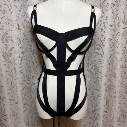 Victorias Secret Women Black Strappy Cage Teddy Bodysuit Large Boudoir Vampy