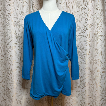 Soft Surroundings Wrap Drape Top Women 1X Teal Blue Faux Surplice Stretch Travel