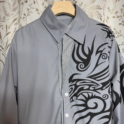 Jeansian Graphic Long Sleeve Button Up Shirt Mens M Gray Y2K Streetwear Cyber