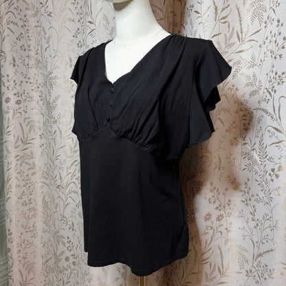 Belle Poque Flutter Sleeve V-Neck Top Women 2XL Black Academia Rockabilly Retro