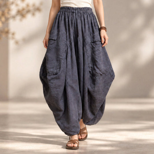 Linen Drop-Crotch Harem Pants Women Small Lantern Wings Avant Garde Lagenlook