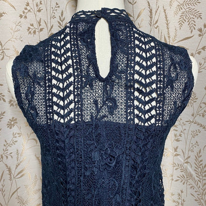 BB Dakota Crochet Lace Mock Neck Blouse XS Navy Blue Dark Romantic Whimsigoth