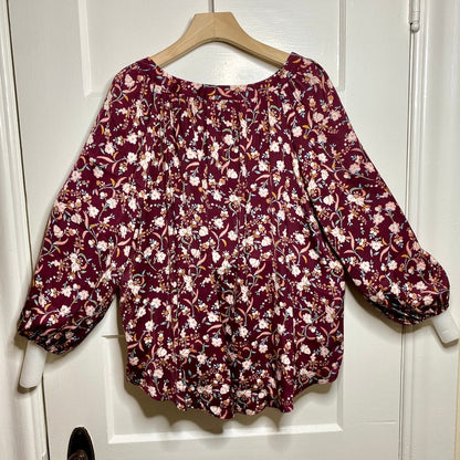 LC Lauren Conrad Floral Balloon Sleeve Blouse Womens L Boho Peasant Top Maroon