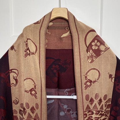 Reversible Pashmina Shawl Wrap Burgundy Tan Leopard Novelty Print Fringed Boho