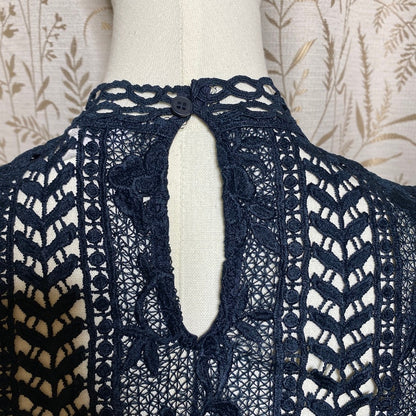 BB Dakota Crochet Lace Mock Neck Blouse XS Navy Blue Dark Romantic Whimsigoth