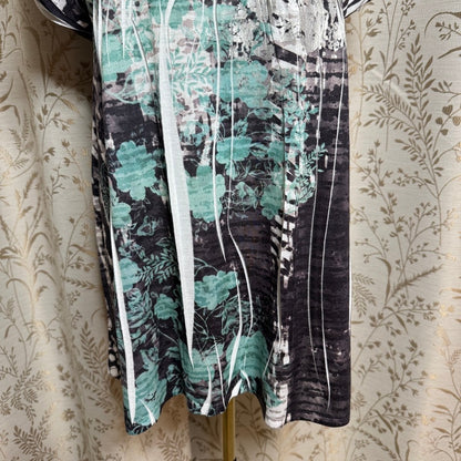 Style&Co Whimsigoth Tunic Blouse Women L Floral Silver Teal Flowy Boho Romantic