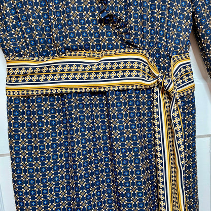 Max Studio Geometric Midi Dress Small Navy Blue Long Sleeve Boho Office Siren