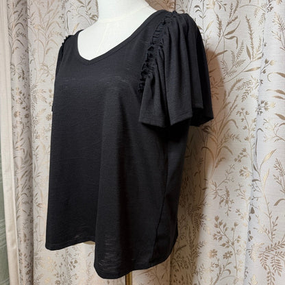 LC Lauren Conrad Flutter Sleeve Blouse Women L Black Minimalist Office Siren
