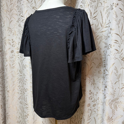 LC Lauren Conrad Flutter Sleeve Blouse Women L Black Minimalist Office Siren