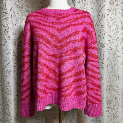 Nine West Red Pink Zebra Print Sweater Women L Dopamine Dressing Barbiecore Bold