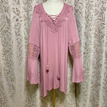Paper + Tee Boho Crochet Bell Sleeve Tunic Top 2X Mauve Romantic Fairycore