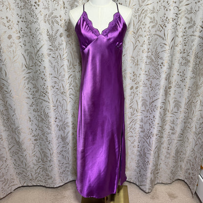 Alcea Rosea Purple Satin Lace Trim Crossback Slip Dress M Nightie Romantic Glam