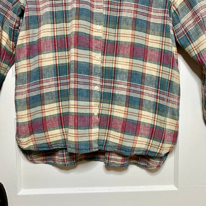 CHAPS Linen Cotton Plaid Mandarin Collar Shirt L Gingham Grandad Prairie Rural