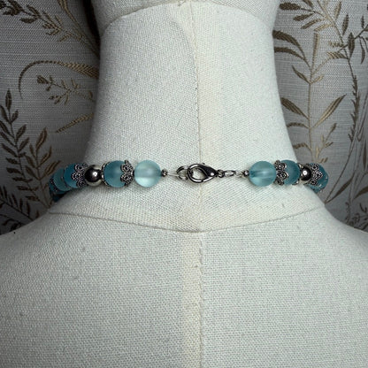 Vintage Frosted Blue Glass Orb Pendant Necklace 1990s Whimsigoth Boho Victorian