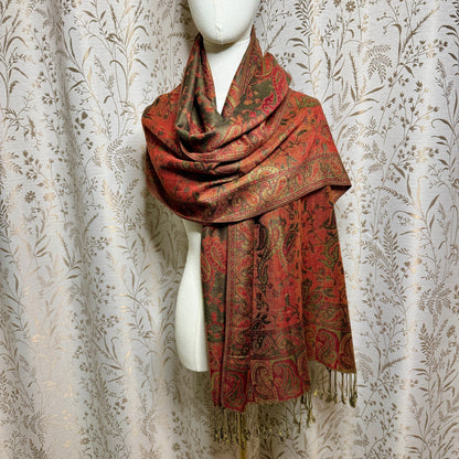 Paisley Pashmina Scarf Shawl Women OS Fringe Rust Olive Boho Autumnal Fairycore