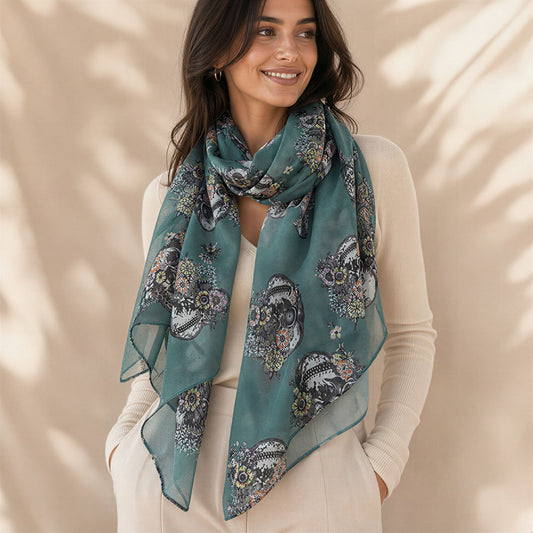 Cottage Goth Oversized Floral Skull Scarf Lightweight Day of the Dead Whimsigoth