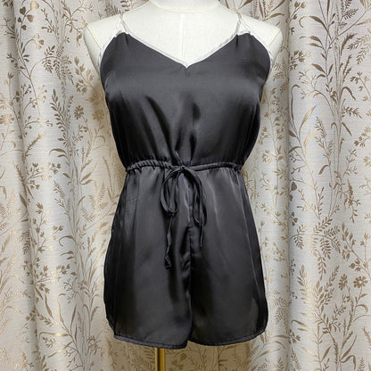 Forever 21 Satin Romper Womens Small Black Coquette Soft Girl Romantic Sleepwear