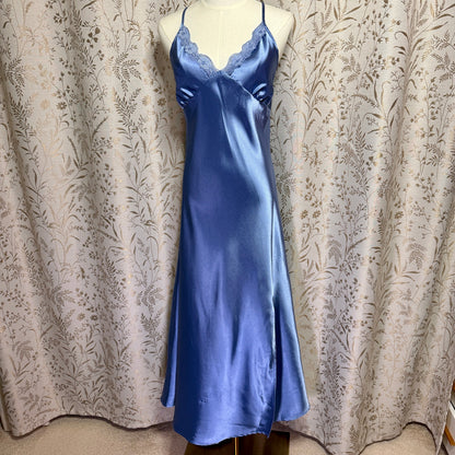 Alcea Rosea Satin Lace Trim Slip Dress Women M Blue Coquette Romantic Feminine