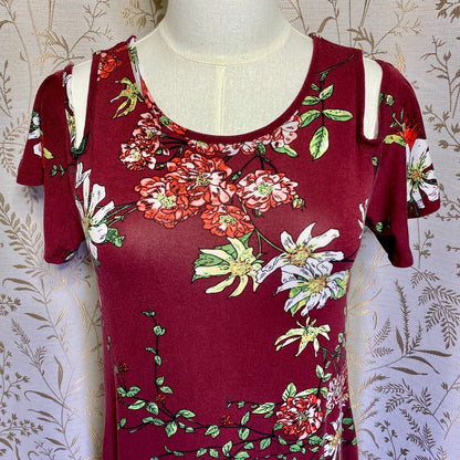 Boho Floral Burgundy Cold Shoulder Dress Small Romantic Fairycore Whimsigoth