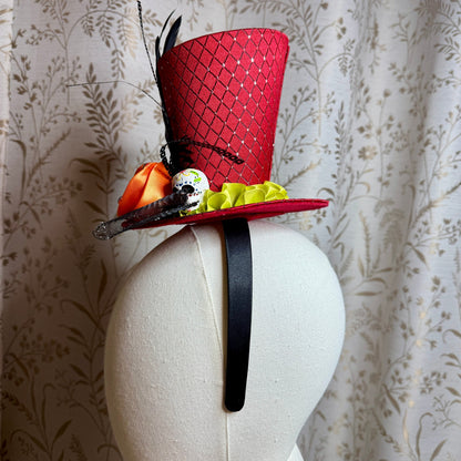 Day of the Dead Red Top Hat Headband Skull Feathers Ruffles Halloween Masquerade
