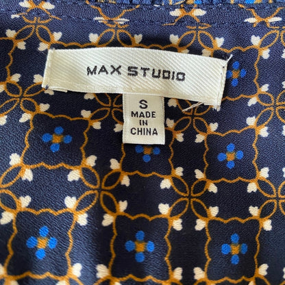 Max Studio Geometric Midi Dress Small Navy Blue Long Sleeve Boho Office Siren