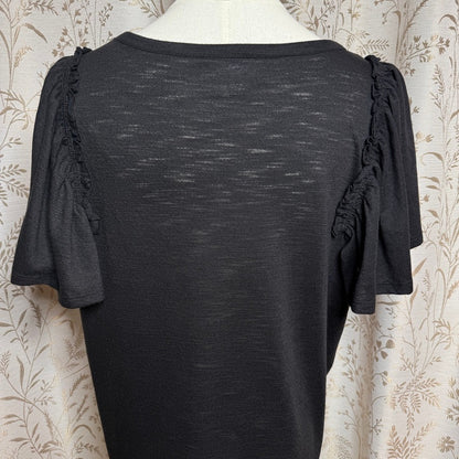 LC Lauren Conrad Flutter Sleeve Blouse Women L Black Minimalist Office Siren