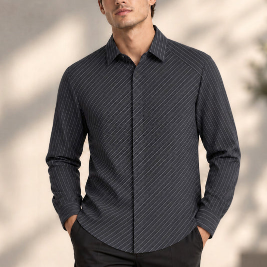 7 Diamonds Black Pinstripe Button Up Long Sleeve Shirt Men Large 4-Way Stretch