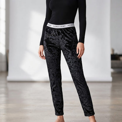 Victoria’s Secret Black Crushed Velvet Logo Leggings Women L Y2K Streetwear Glam
