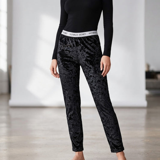Victoria’s Secret Black Crushed Velvet Logo Leggings Women L Y2K Streetwear Glam