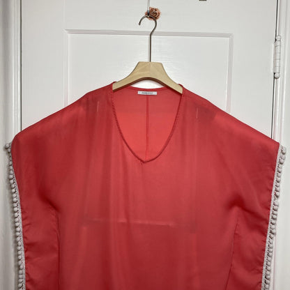 Adreamly Sheer Coral Pink Pom Pom Kaftan Poncho O/S Beach Cover Up Resortwear