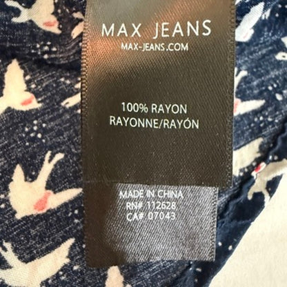 Max Jeans Bird Print Cold Shoulder Blouse Women XL Navy Coastal Boho Sailor Chic