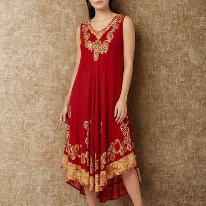 Batik Midi Sun Dress O/S Red Gold Block Print Trapeze Festival Boho Resortwear