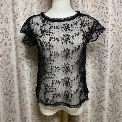 Black Embroidered Lace Mesh Top Small Coquette Soft Goth Romantic Sheer Floral