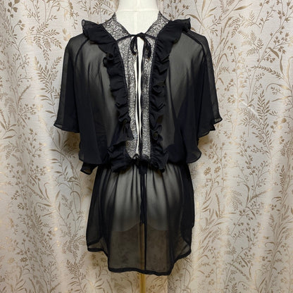 Victorias Secret Black Sheer Ruffle Lace Babydoll Robe S/M Kimono Coquette Goth