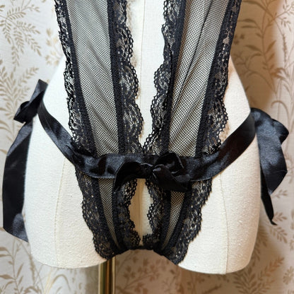 Black Lace Mesh Halter Teddy OS Boudoir Goth Dark Coquette Romantic Sirencore
