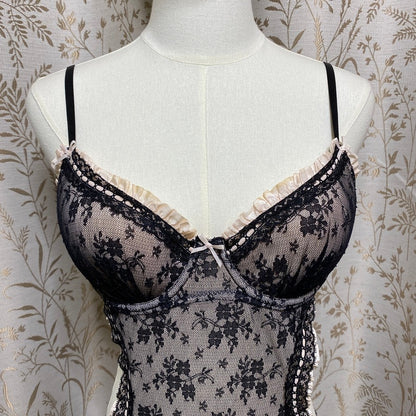 2009 Victoria's Secret Lace Maid Babydoll Chemise 36C Bow Coquette Sirencore